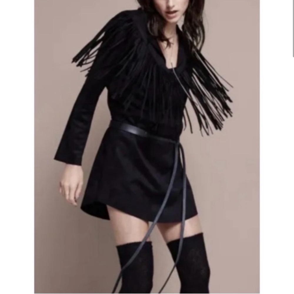 RAGA RULE BREAKER BLACK FRINGE SHIFT MINI DRESS FAUX SUEDE SIZE XS